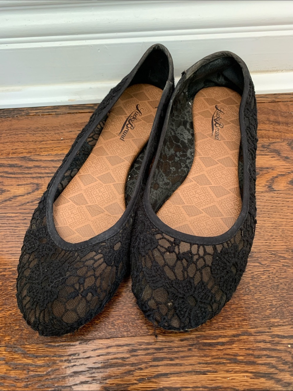 Lucky Brand Black Lace Ballet Flats with Floral Lace Overlay